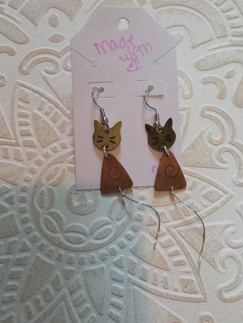 Hand Crafted Brass-Tone and Copper Cat Dangle Earrings